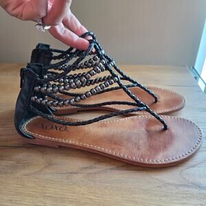 Black Faux Leather Gladiator Flat Thong Beaded Sandal 6.5